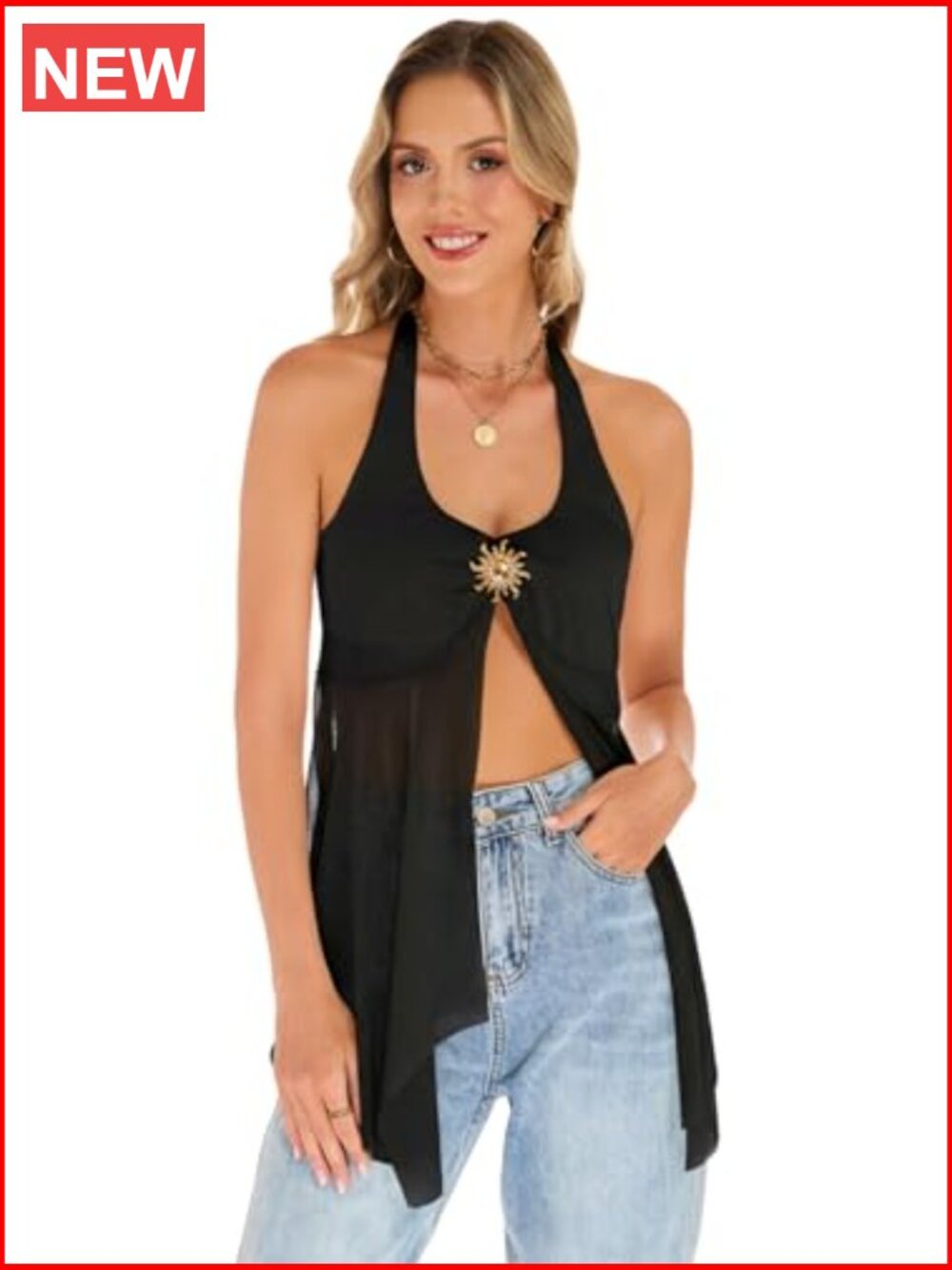Sheer Mesh Halter Tank Top Flowy Asymmetric Hem Sleeveless Camisole - Picture 6 of 7
